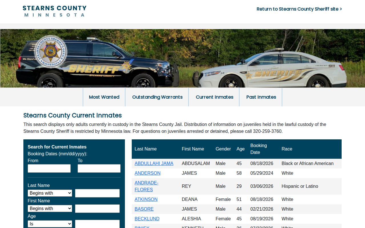 Stearns County adult booking roster search interface