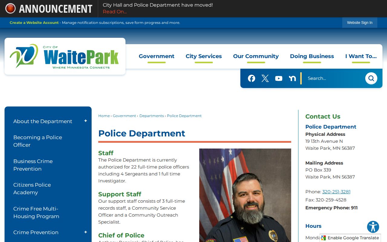 Waite Park Police Department webpage showing official public-safety resources and the county jail roster link
