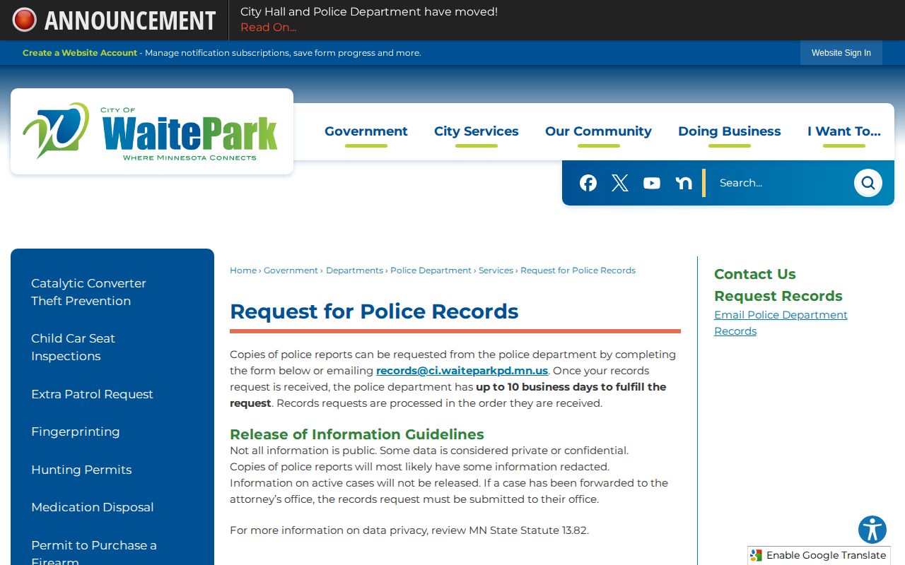 Waite Park Police records request webpage showing the official public-records request process